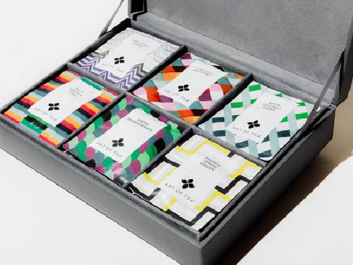 image of a leather box filled with patterned tea bags
