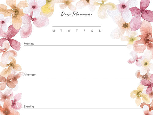 Image of Jenny Bova's daily planning page with pink, orange, and yellow watercolor florals around the edges. There are slots for morning, afternoon and evening. 