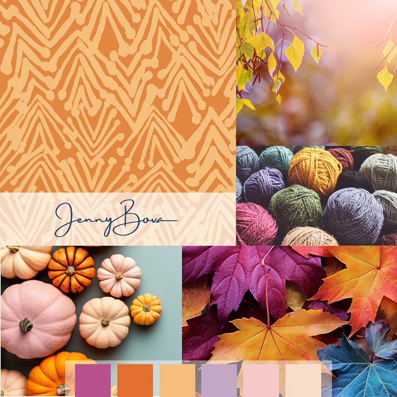 color inspiration board with color blocks, images of colorful pumpkins, leaves, and a repeat geometric pattern by jenny bova square format