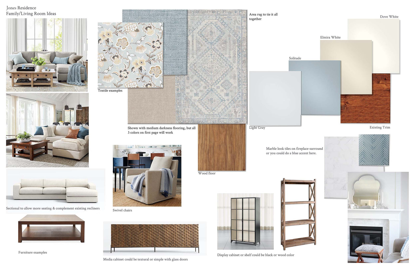 Concept design for family living room with existing red oak trim