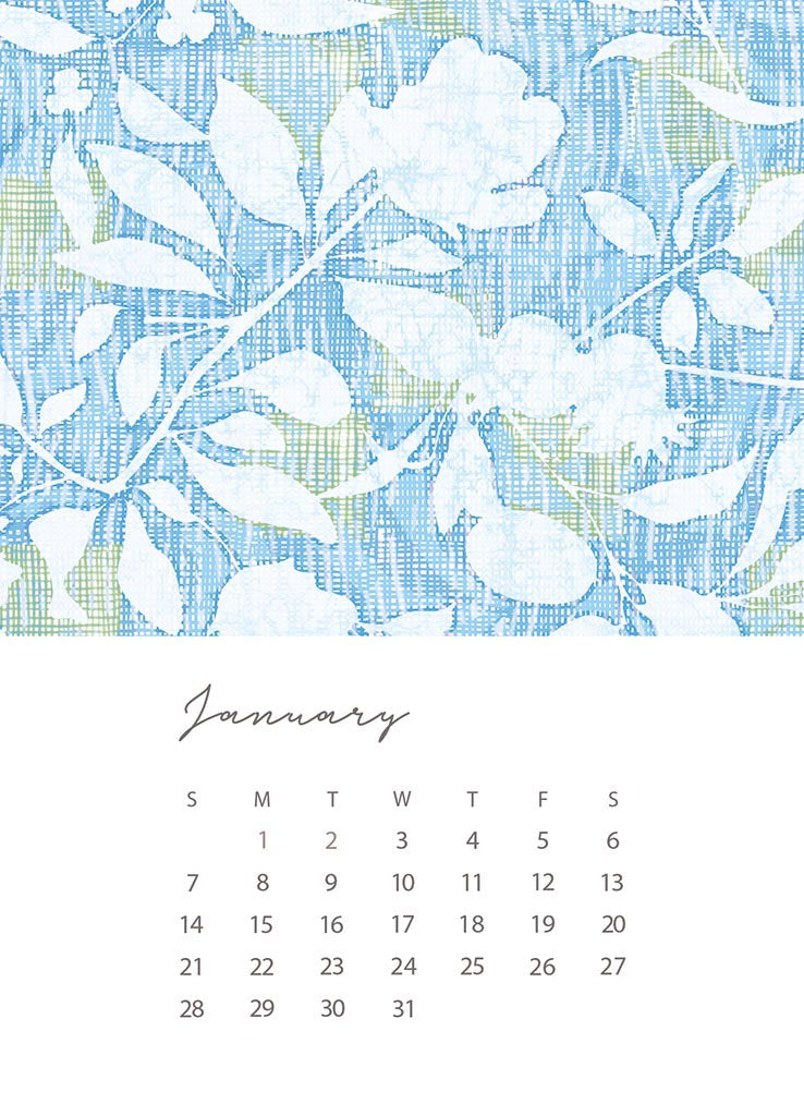 A 5x7 card with the days and dates for January 2024 at the bottom on a white background. The top half of the card is a repeat pattern with silhouetted florals on a linear background by Jenny Bova.