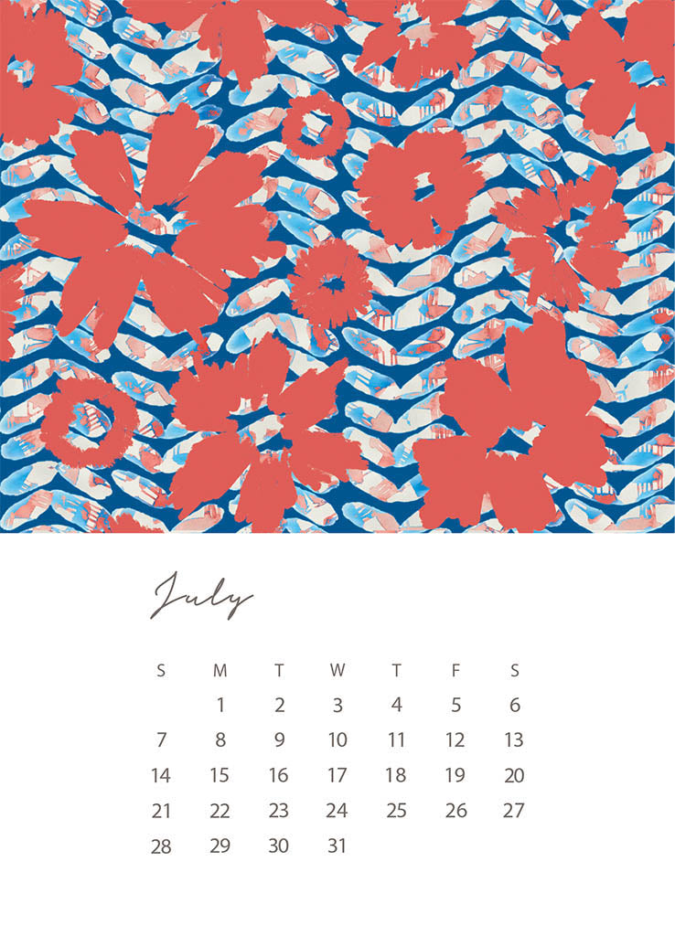 A 5x7 card with the days and dates for July 2024 at the bottom on a white background. The top half of the card is a repeat pattern of abstract florals on a geometric background by Jenny Bova.