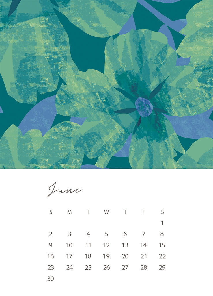 A 5x7 card with the days and dates for June 2024 at the bottom on a white background. The top half of the card is an illustration of green and blue oversized flowers by Jenny Bova.