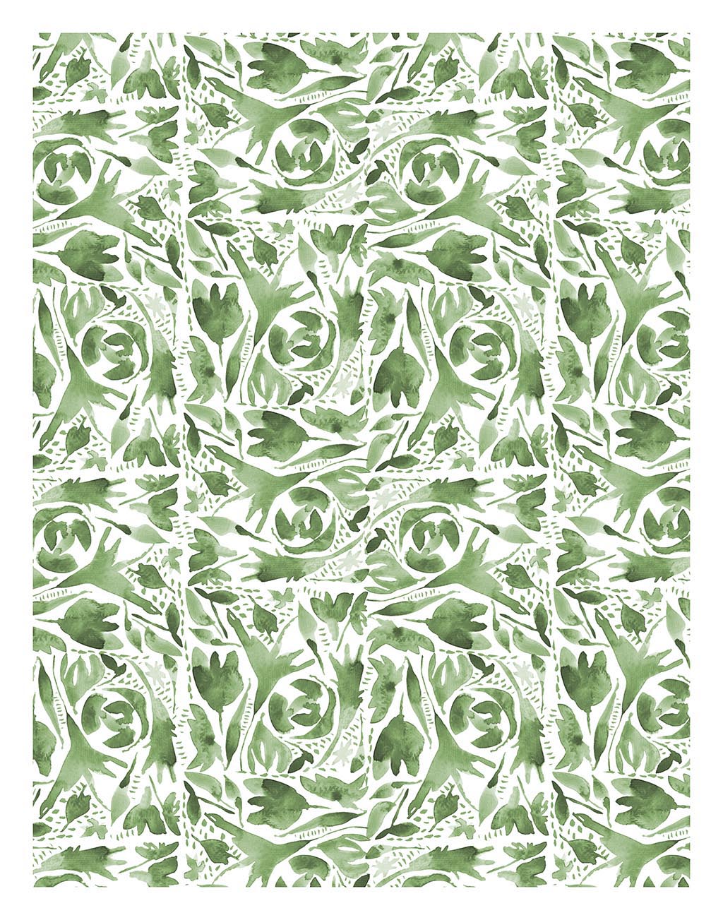Repeating watercolor floral design in sage greens. Print measures 11x14 inches