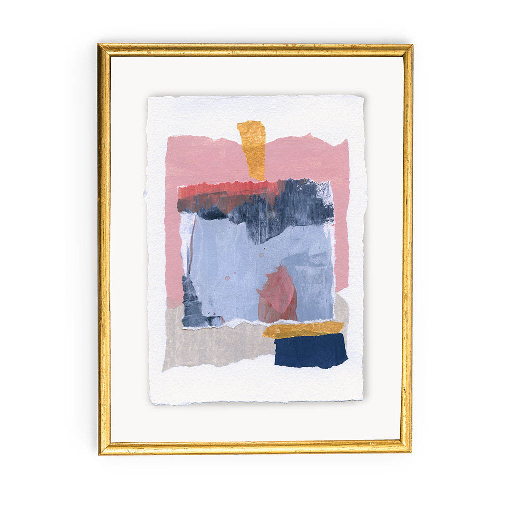 image of a mixed media piece of art with painted paper and torn edges arranged on a page. Colors are pink, navy, light blue, gold, white, and salmon