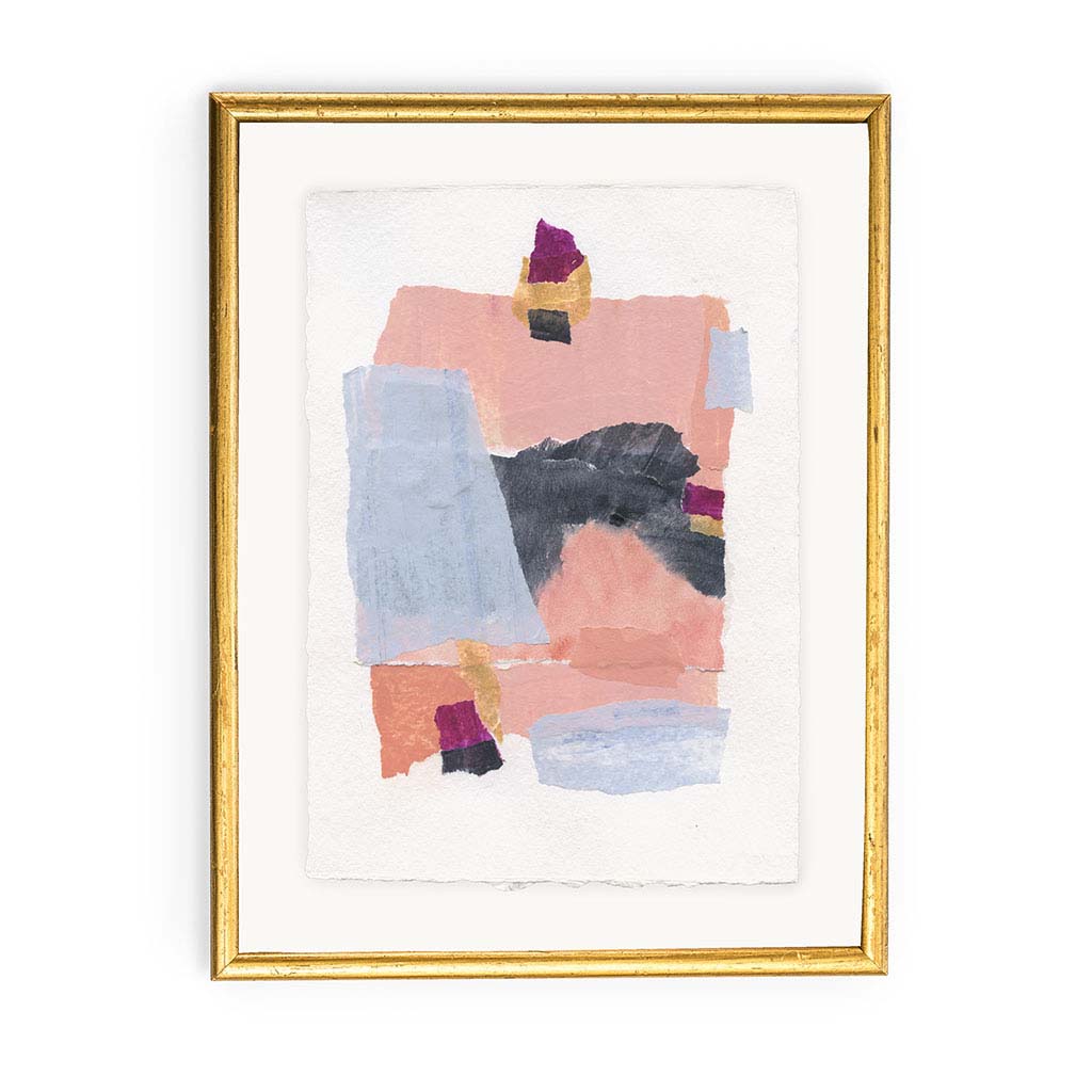 bookshelf sized artwork shown in a simple gold frame. Artwork is abstract painted paper with blocks of color and texture. Colors are salmon, navy, gold, pink, blue, and white. Size is 6x8” without frame. 
