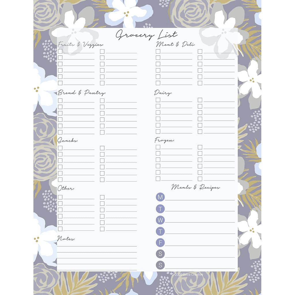 Downloadable grocery list page with floral botanical patterned border. Areas for each food category with lines and checkboxes. Meal planning area. Pattern is gray blue, white, ochre, and light blue. 