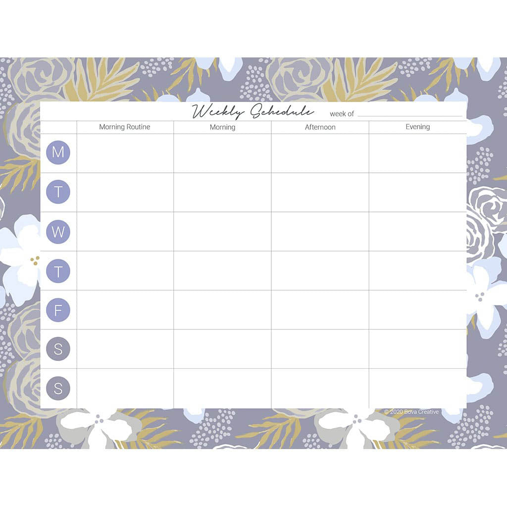 Weekly schedule planner page downloadable file with areas for morning routine, morning, afternoon, and evening. Blocks for each day of the week. Border pattern in botanical floral with grays, blues, and yellow.
