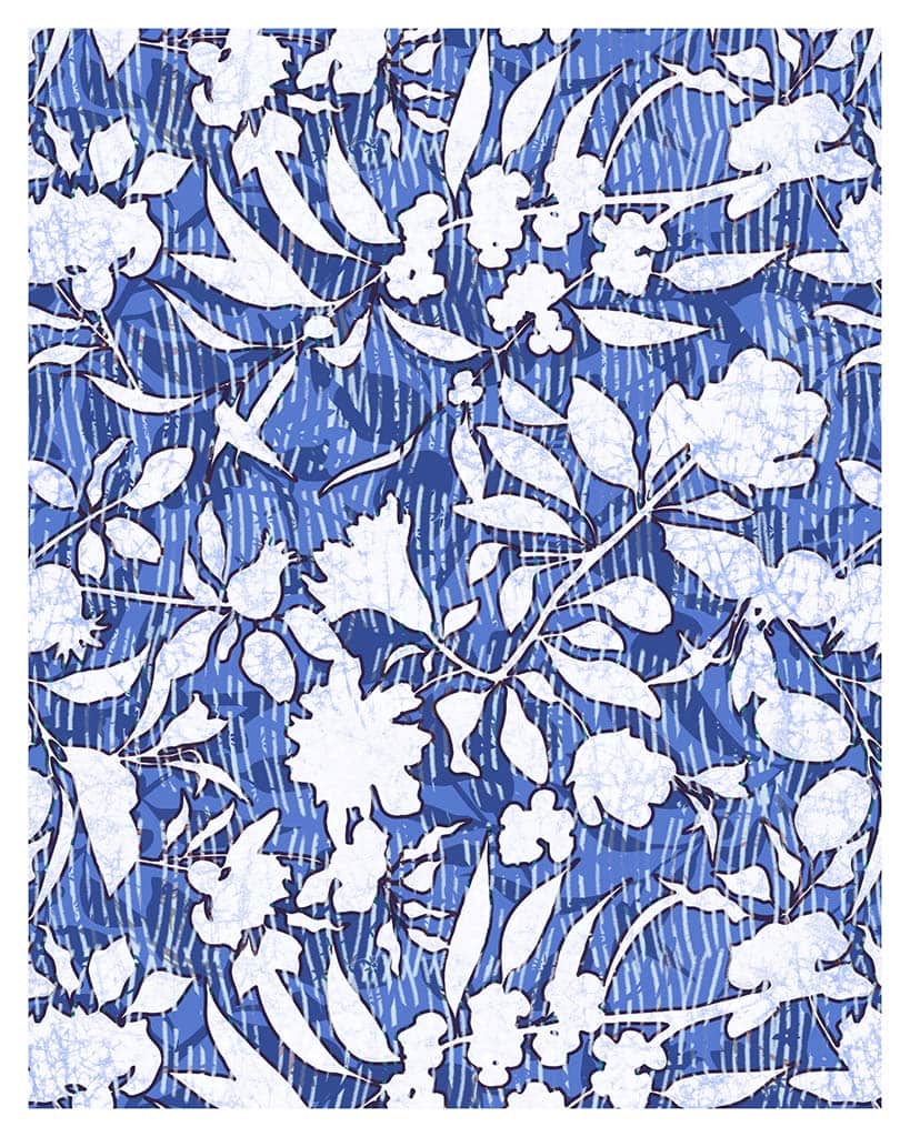 8x10 Fine art print by Jenny Bova. Blue linear pattern in background with white silhouetted floral and leaf shapes in the foreground. Small white border for artists signature