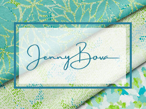 Image of 3 printed fabrics folded on top of each other. The prints are designed by Jenny Bova and are aqua, blue, white and chartreuse floral designs. The Jenny Bova logo is on top of the image