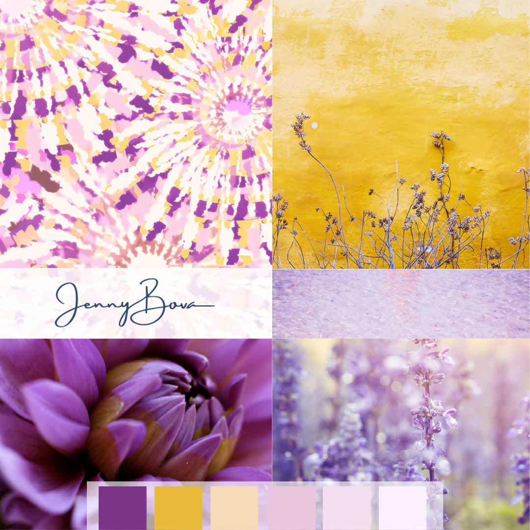 A collage of images featuring purples and yellows. One image is a tie-dye style textile design by Jenny Bova. Other images are florals in various shades of purple with yellow backgrounds