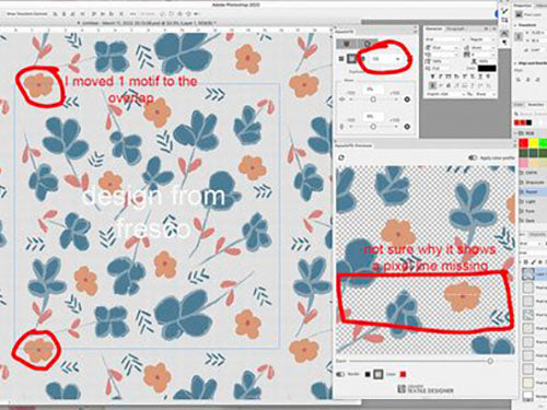 Image of computer screen with Photoshop pattern image and notes in red