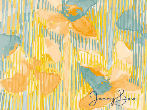 Painted image of flowers in an abstract design with stripes between and around them. The flowers and stripes are yellow, blue, cream, and orange. The Jenny Bova logo is on the lower right. 