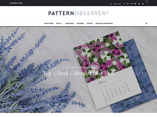 Image of the Pattern Observer blog home page featuring Jenny Bova's calendar as a top pick. Headline reads "Top 5 Desk Calendars for 2021"