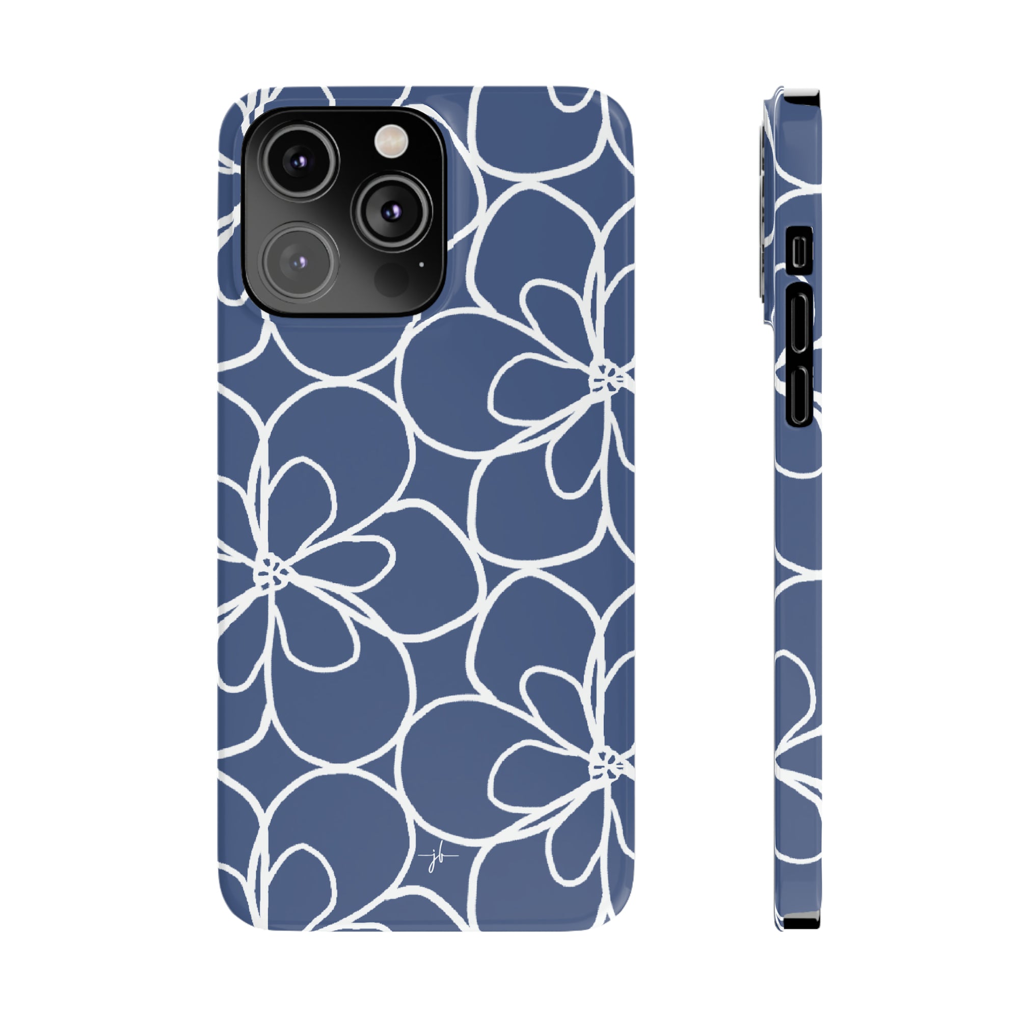 iPhone case from front and side with blue background and white floral pattern
