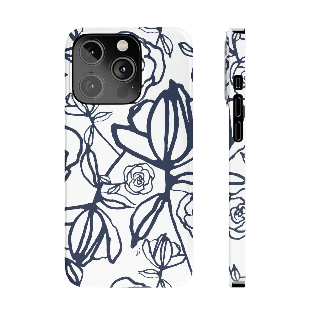 White iPhone case shown from front and side with dark blue rose line drawing in graphic style