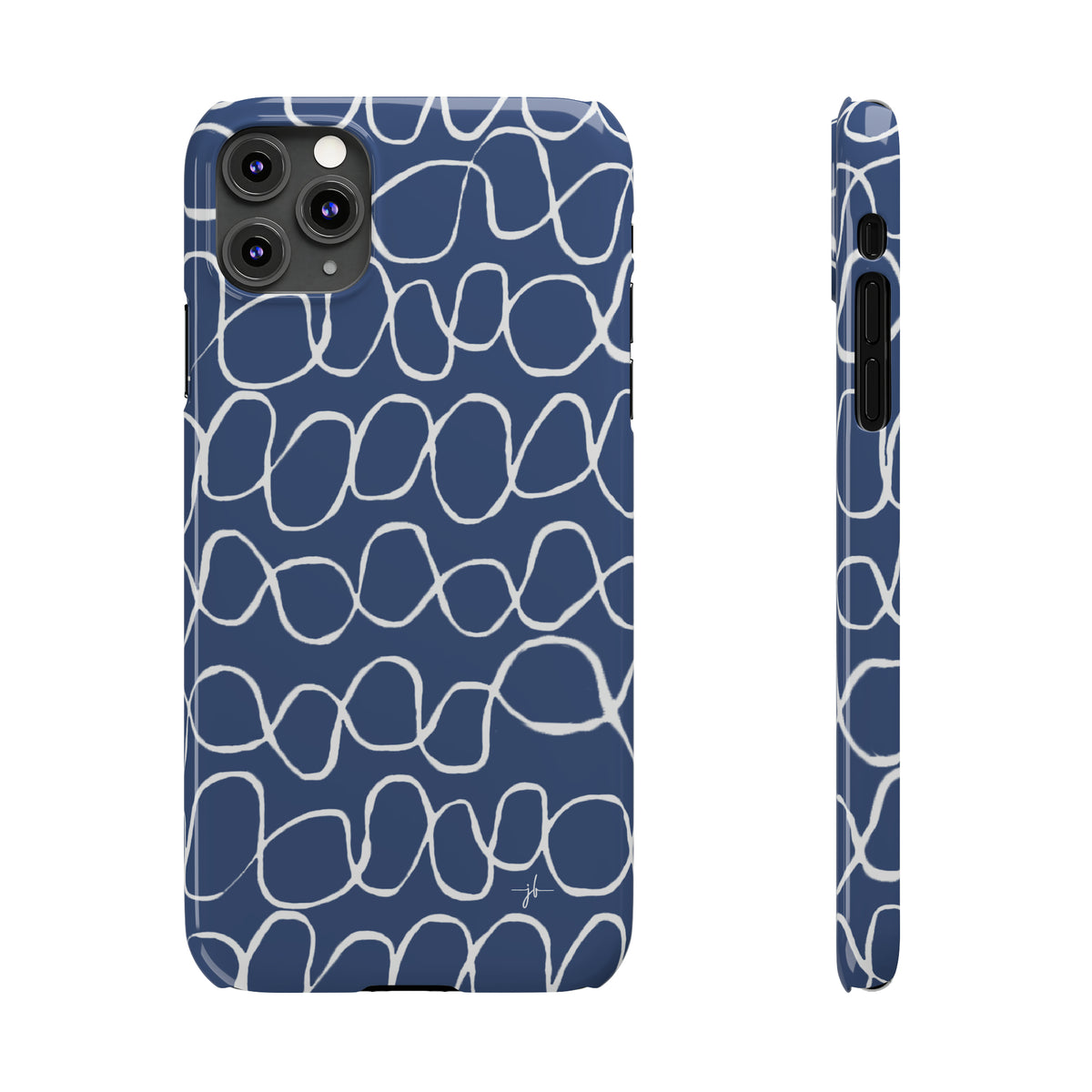 blue iPhone case shown from the front and side with white hand-drawn infinity stripes