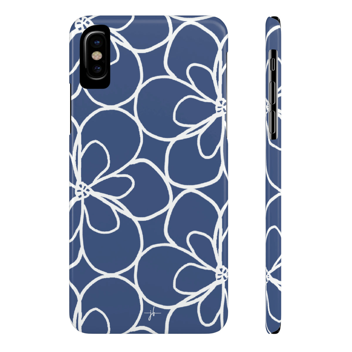 iPhone case from front and side with blue background and white floral pattern