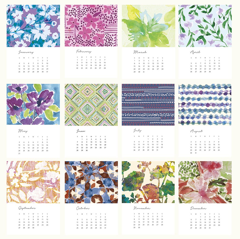 Calendar with floral and patterned designs for each month on a white background.