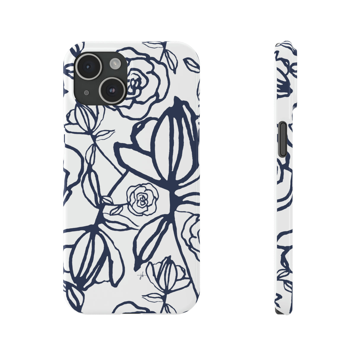 White iPhone case shown from front and side with dark blue rose line drawing in graphic style
