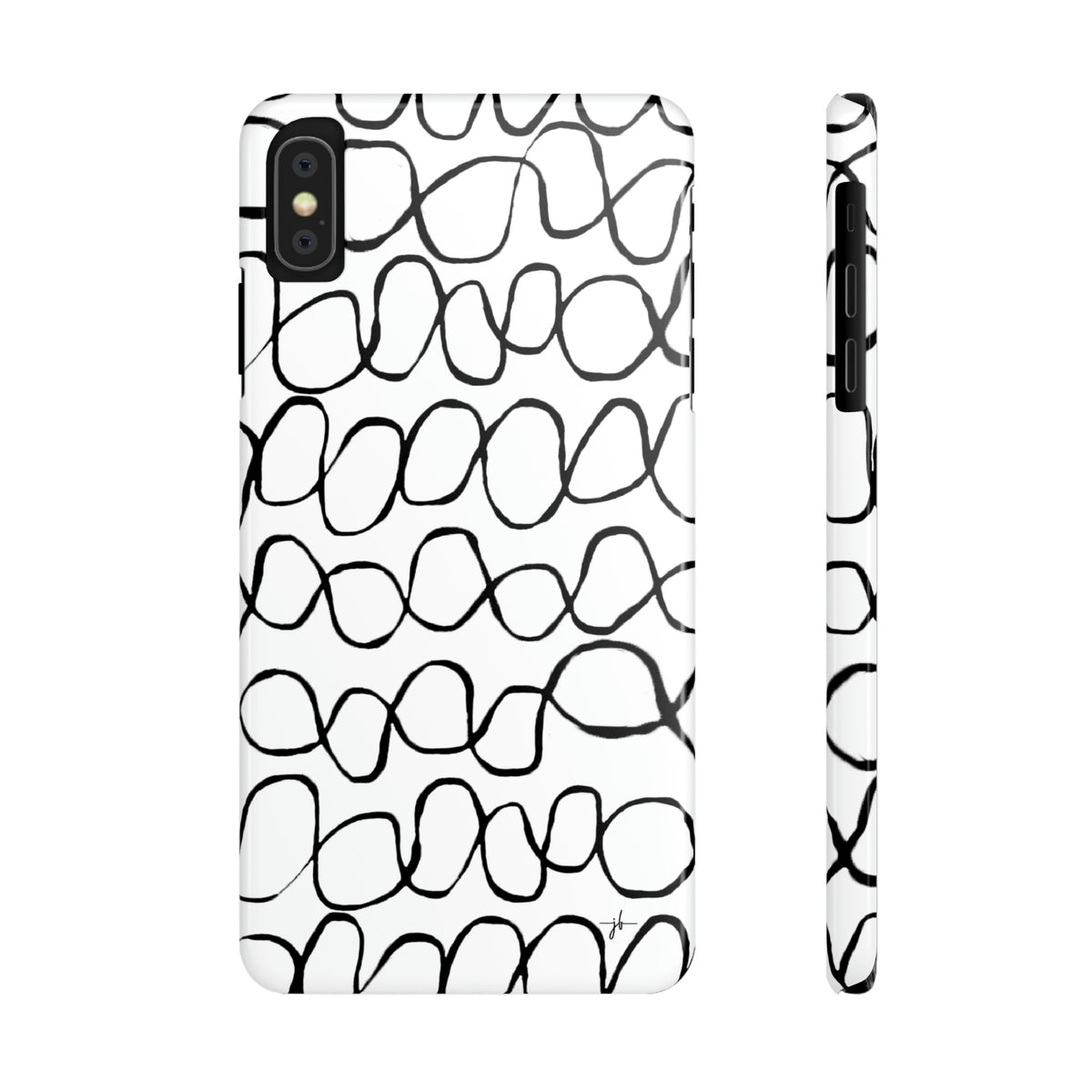 white iphone case shown from the front and side with black hand-drawn infinity stripes