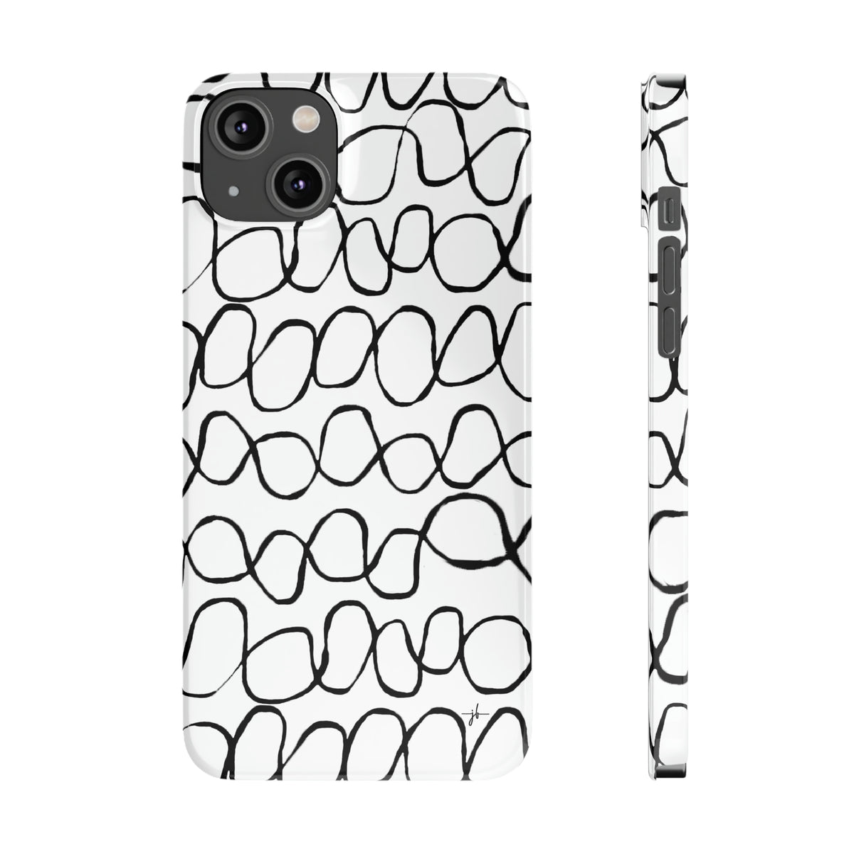 white iphone case shown from the front and side with black hand-drawn infinity stripes