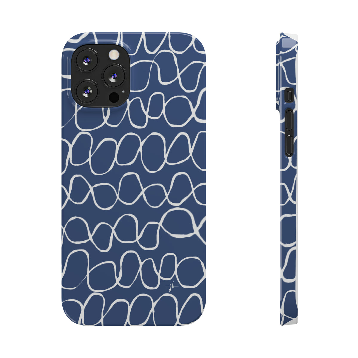 blue iPhone case shown from the front and side with white hand-drawn infinity stripes