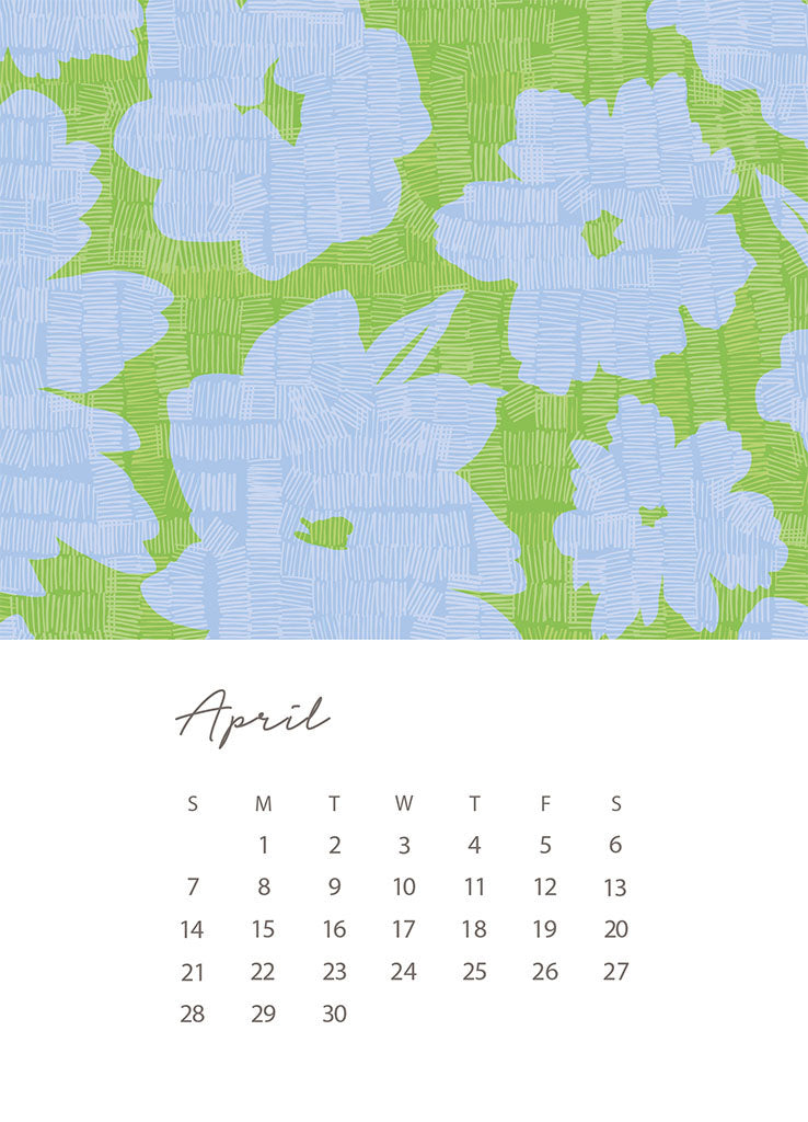 A 5x7 card with the days and dates for April 2024 at the bottom on a white background. The top half of the card is a repeat pattern of abstract blue florals on a green background with a geometric grid overlay by Jenny Bova.