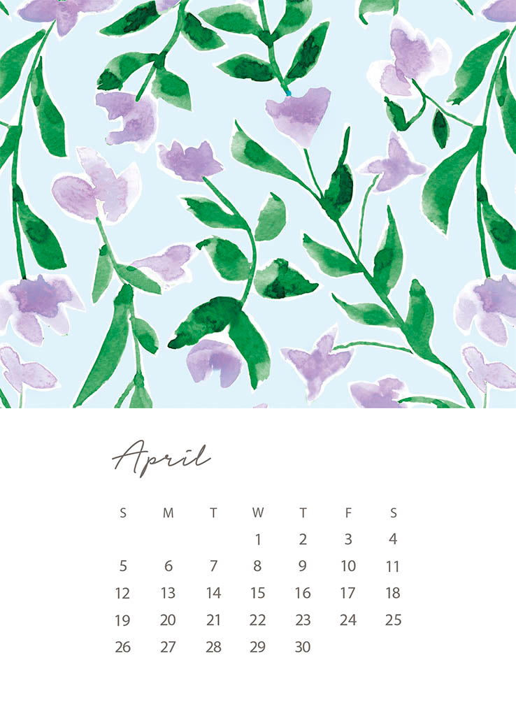 Calendar for April with floral design on a light blue background
