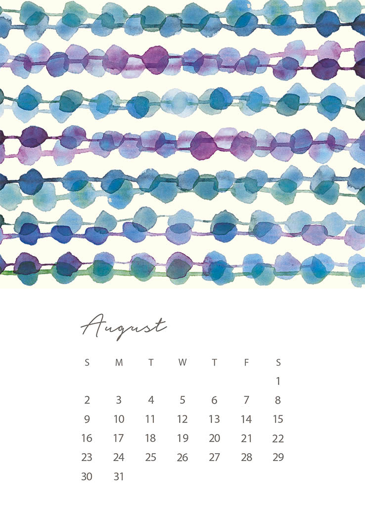 Calendar for August with watercolor bead design on a white background