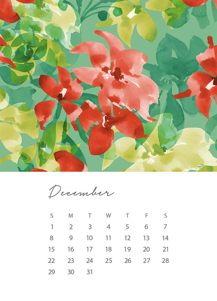 A 5x7 card with the days and dates for December 2024 at the bottom on a white background. The top half of the card is a repeat pattern of roses, leaves and vines in holiday colors by Jenny Bova.