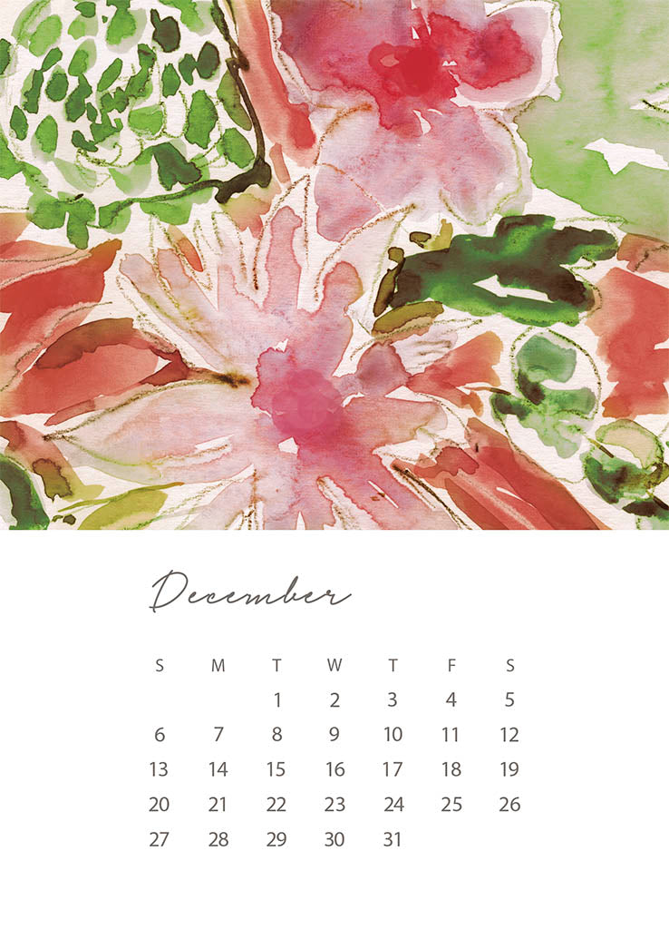 Calendar for December with watercolor floral design