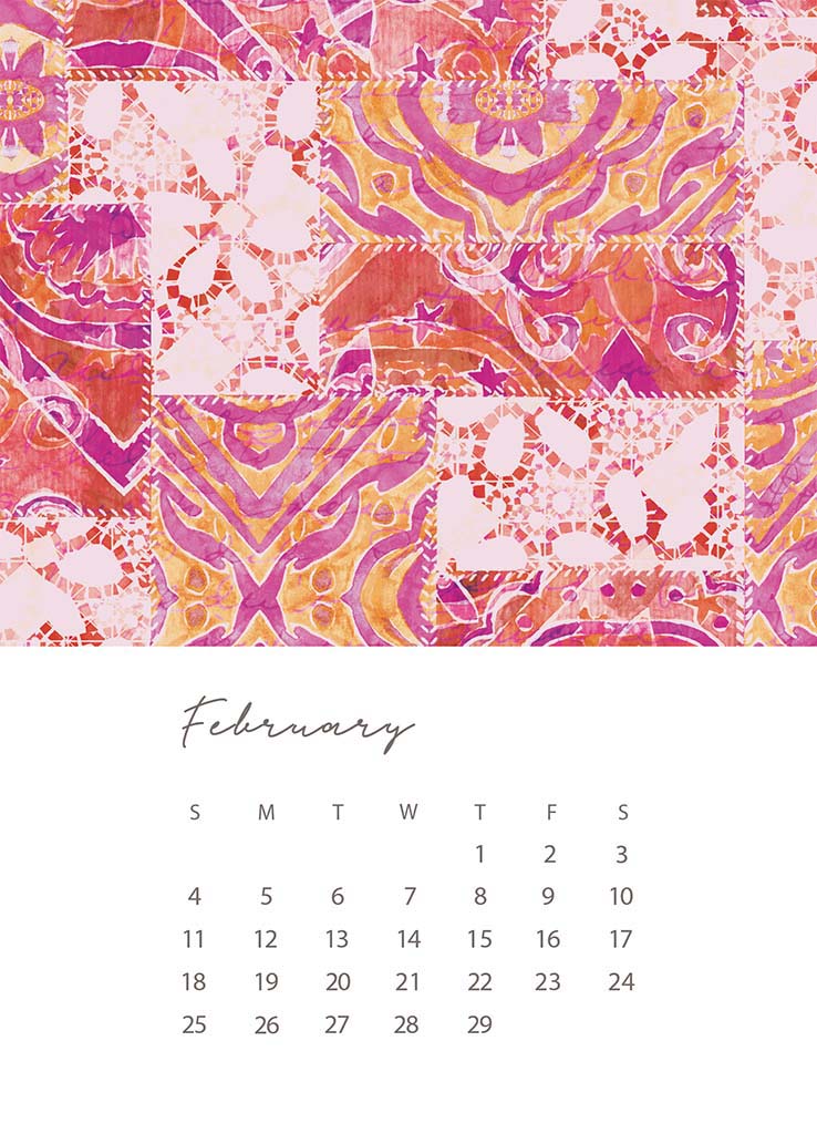 A 5x7 card with the days and dates for February 2024 at the bottom on a white background. The top half of the card is a repeat patchwork pattern in reds, pinks, and oranges by Jenny Bova.