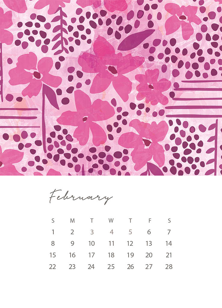 Floral patterned calendar for February on a pink background