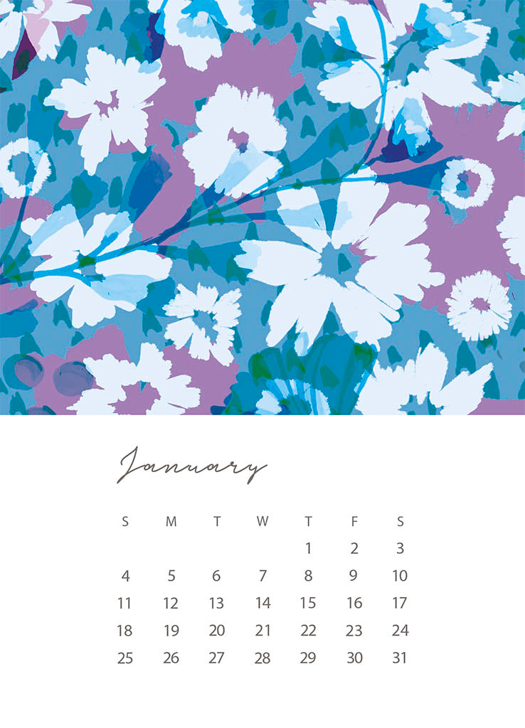 Floral patterned calendar with January on a white background