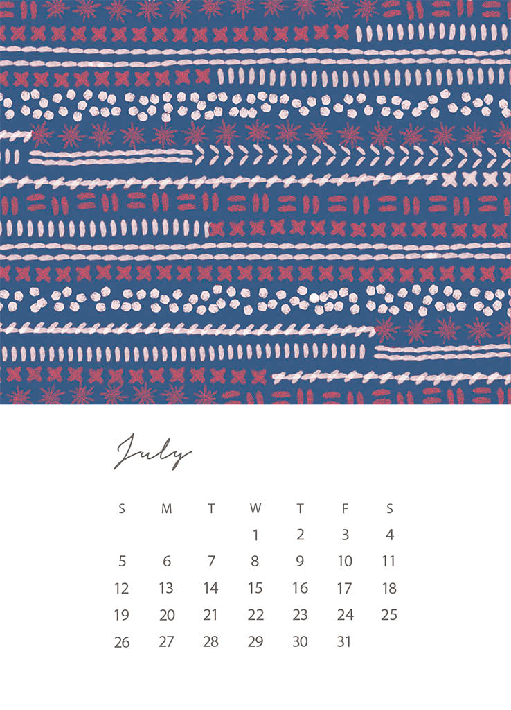 Calendar for July with a blue and white patterned design