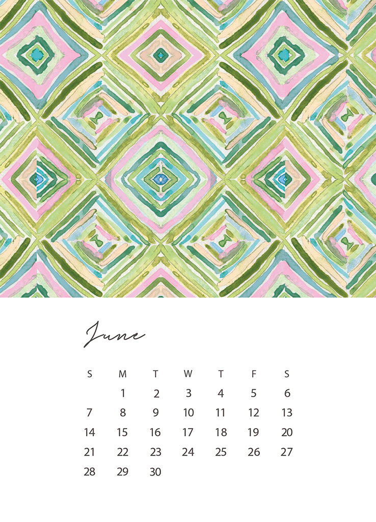 Calendar for June with a colorful geometric pattern on a white background