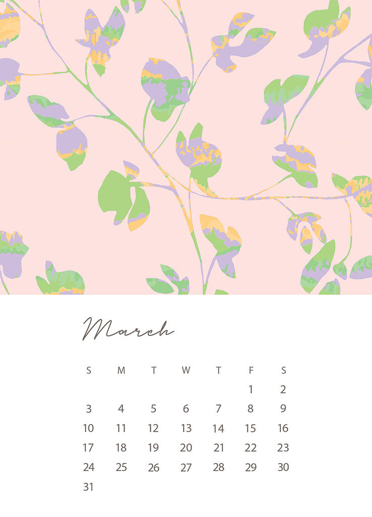 A 5x7 card with the days and dates for March 2024 at the bottom on a white background. The top half of the card is a repeat pattern of abstract florals on a pink background by Jenny Bova.