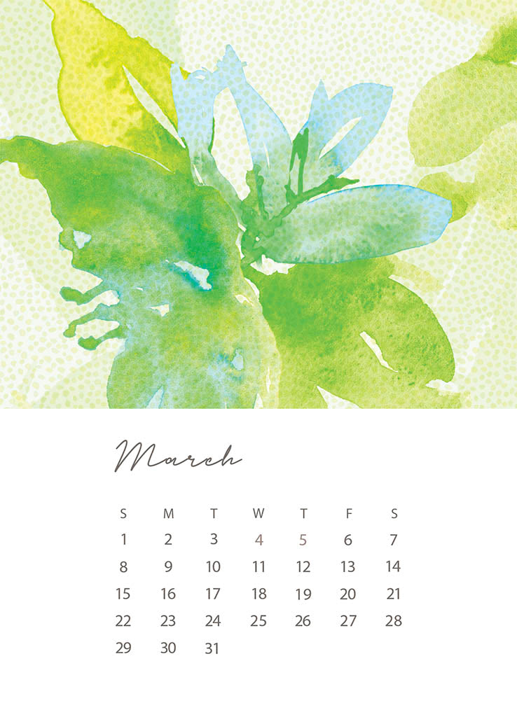 Calendar for March with watercolor butterfly design on a light green background