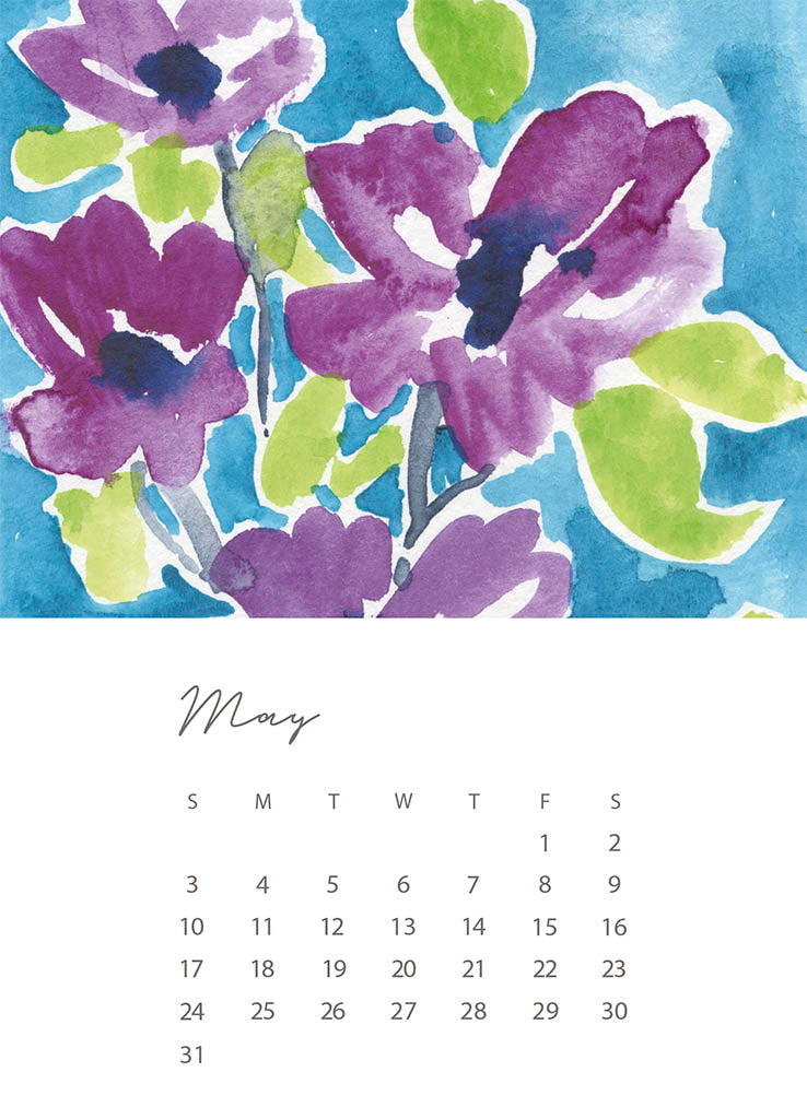 Calendar with watercolor flowers for May on a blue background