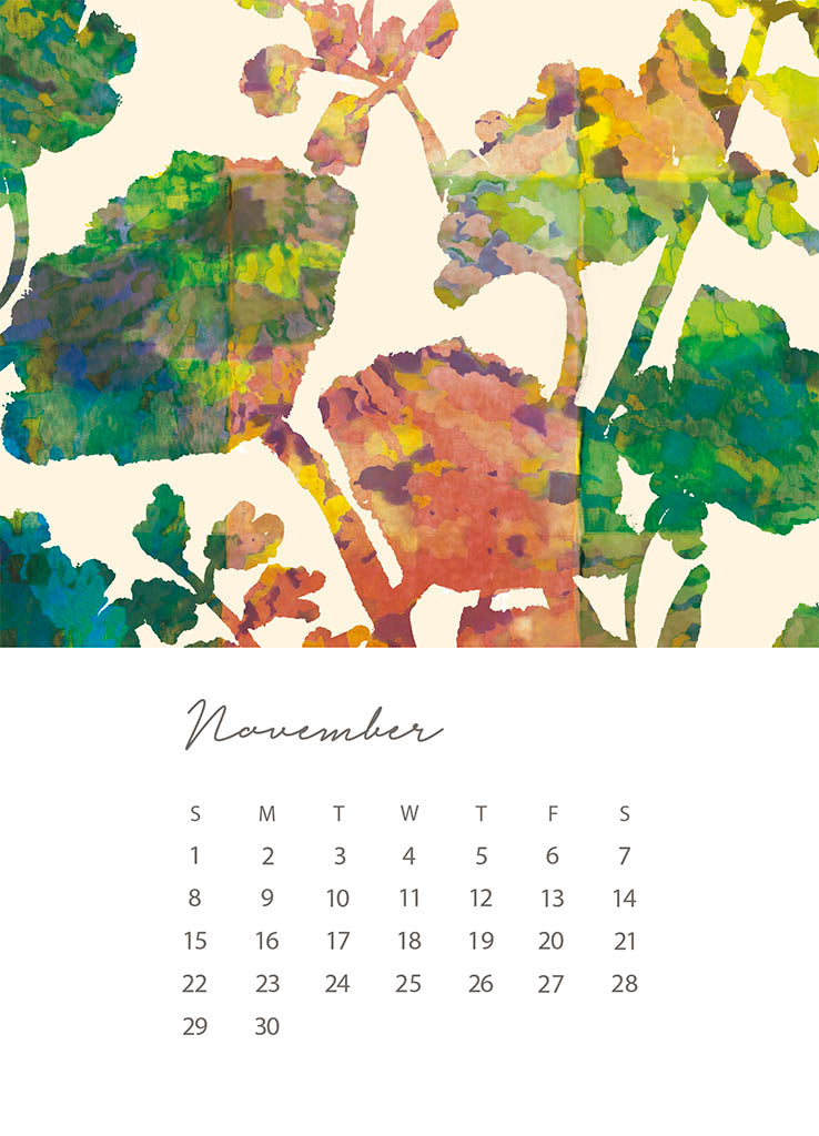 Calendar for November with watercolor leaf design on a beige background