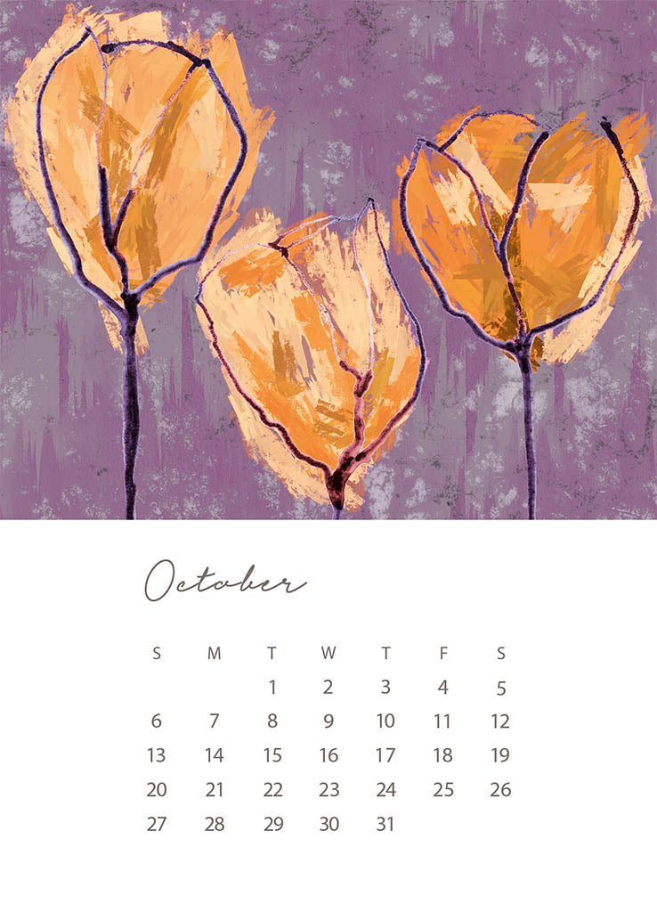 A 5x7 card with the days and dates for October 2024 at the bottom on a white background. The top half of the card is a a floral illustration in purple and orange by Jenny Bova.