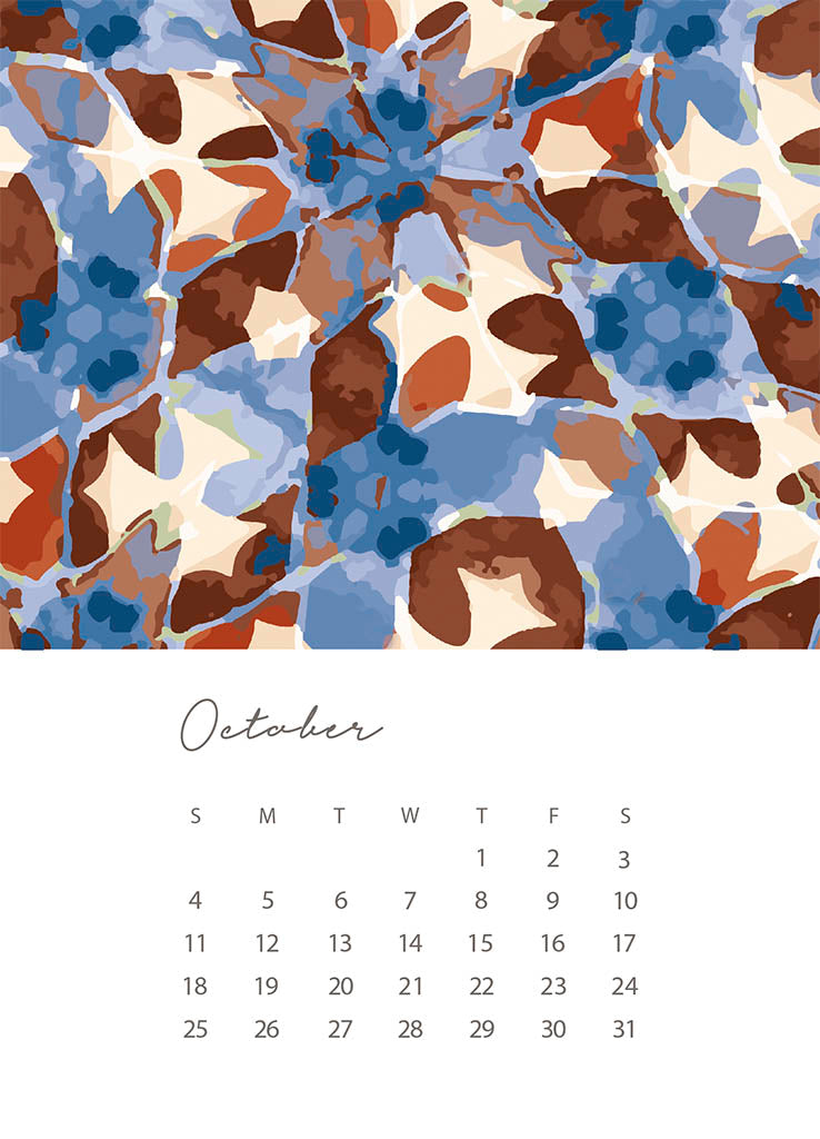 Calendar for October with a colorful abstract pattern