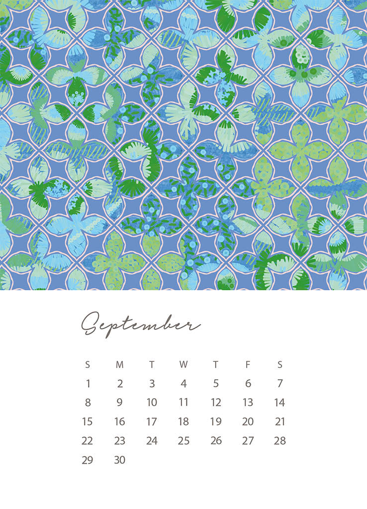 A 5x7 card with the days and dates for September 2024 at the bottom on a white background. The top half of the card is a repeat pattern of blue and green geometric shapes by Jenny Bova.