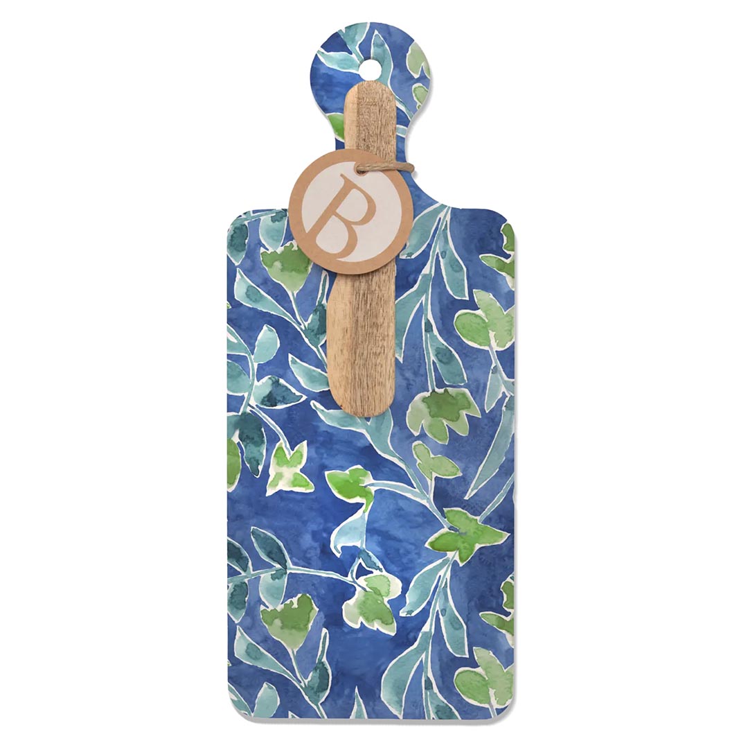 small ceramic cheese board charcuterie style with blue watercolor floral pattern