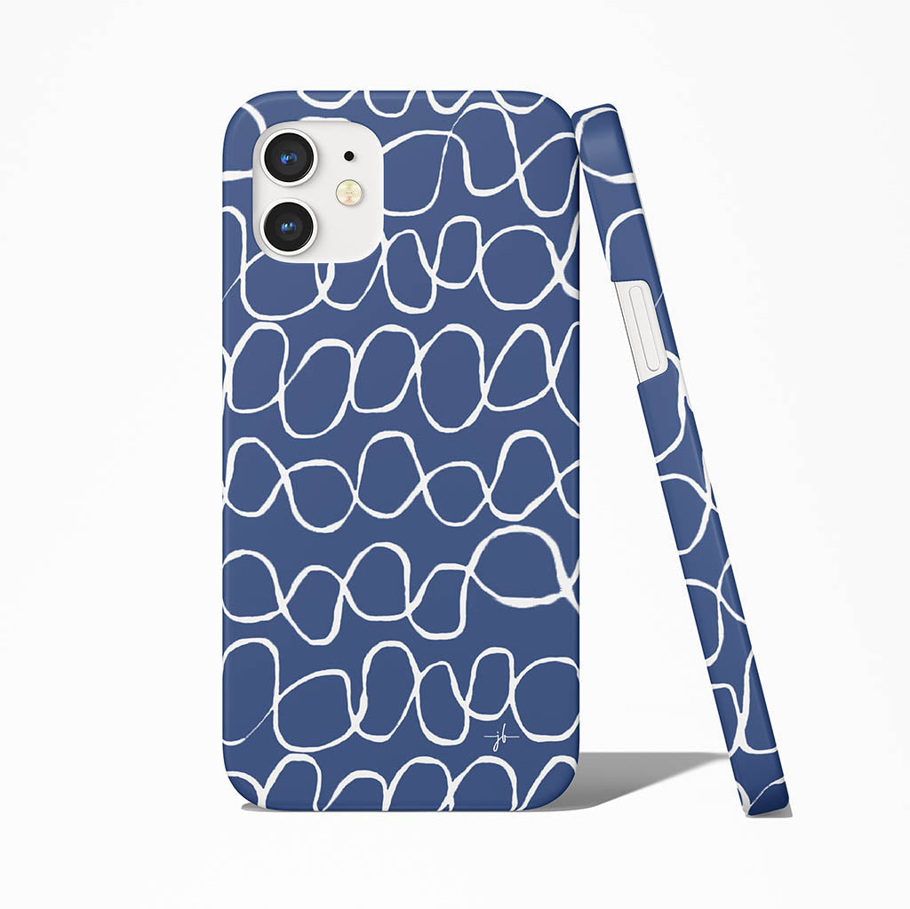 iPhone case in blue with infinity stripe design in white