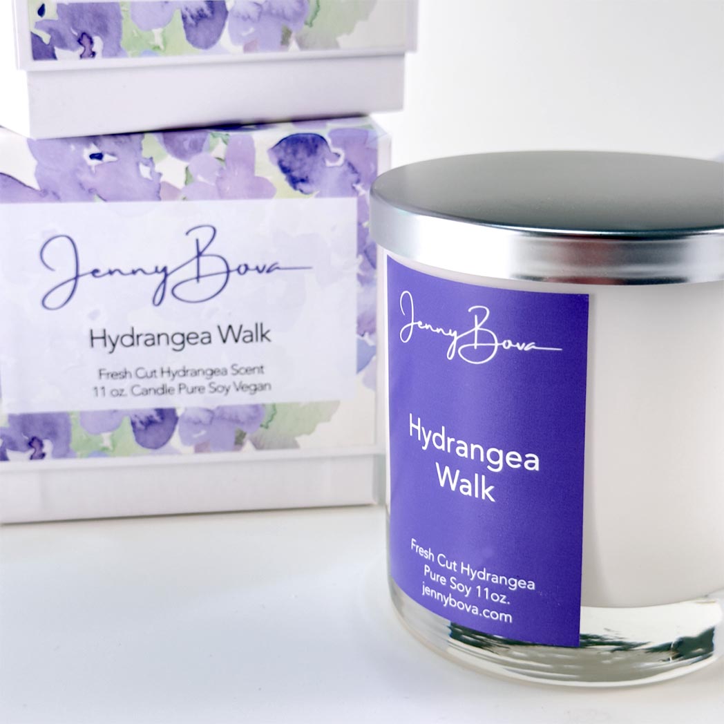 close up of hydrangea candle and boxes