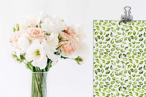 floral bouquet and green watercolor print on a white background
