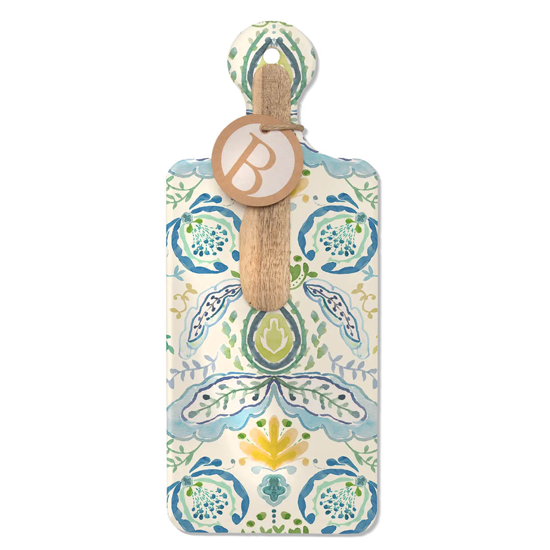 Charcuterie-style ceramic cheese board with a handle and floral pattern on a cream background
