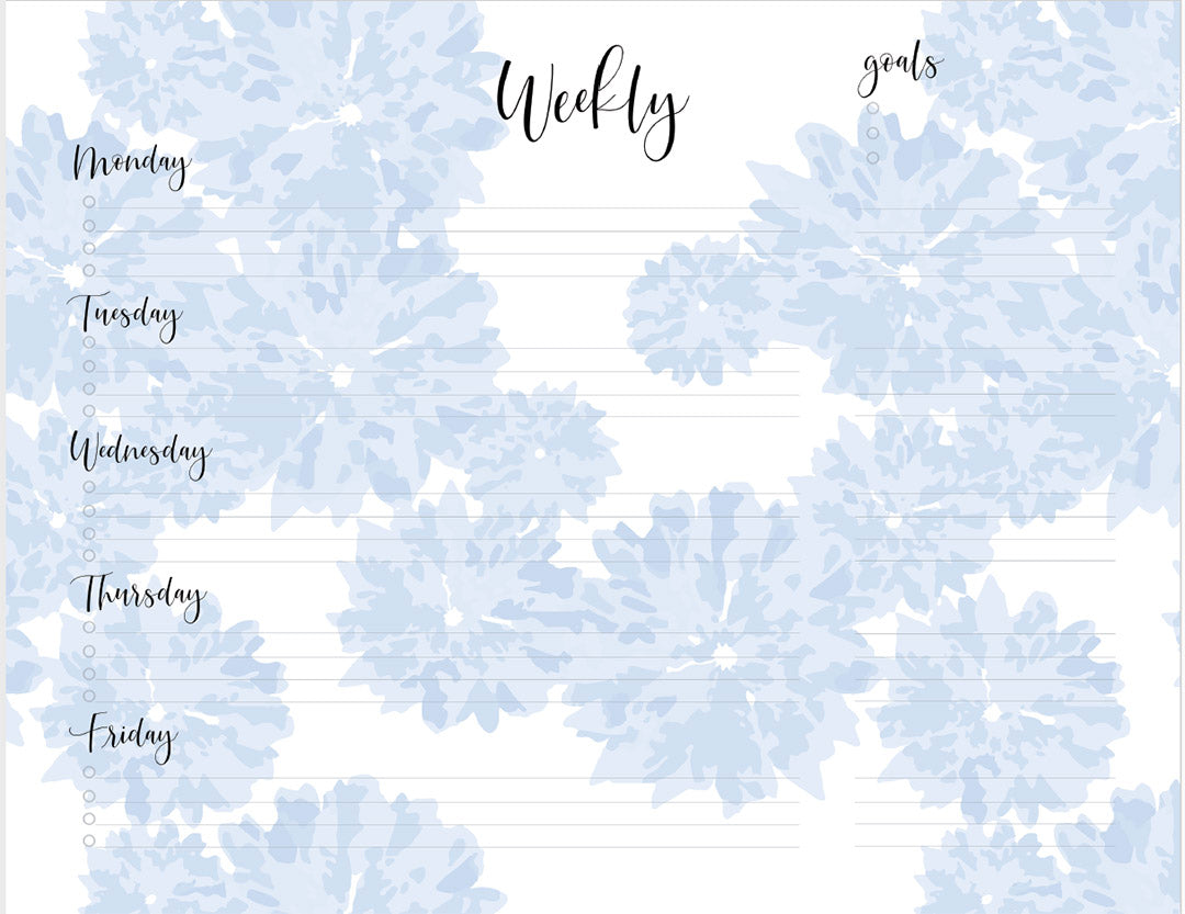 Weekly notepad blue on white with black type top view